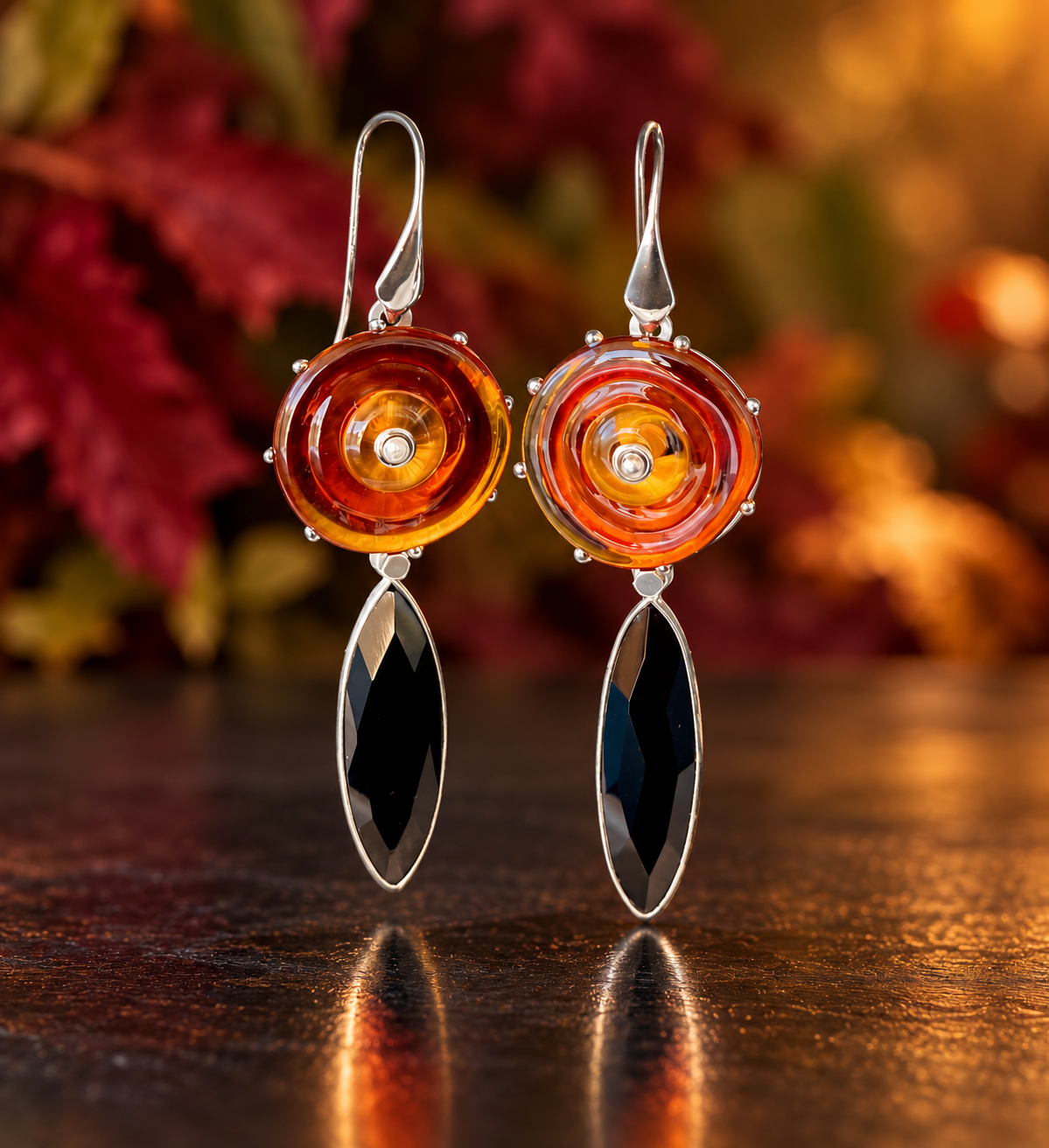 Amber Spiral Lampwork Glass & Black Onyx Earrings