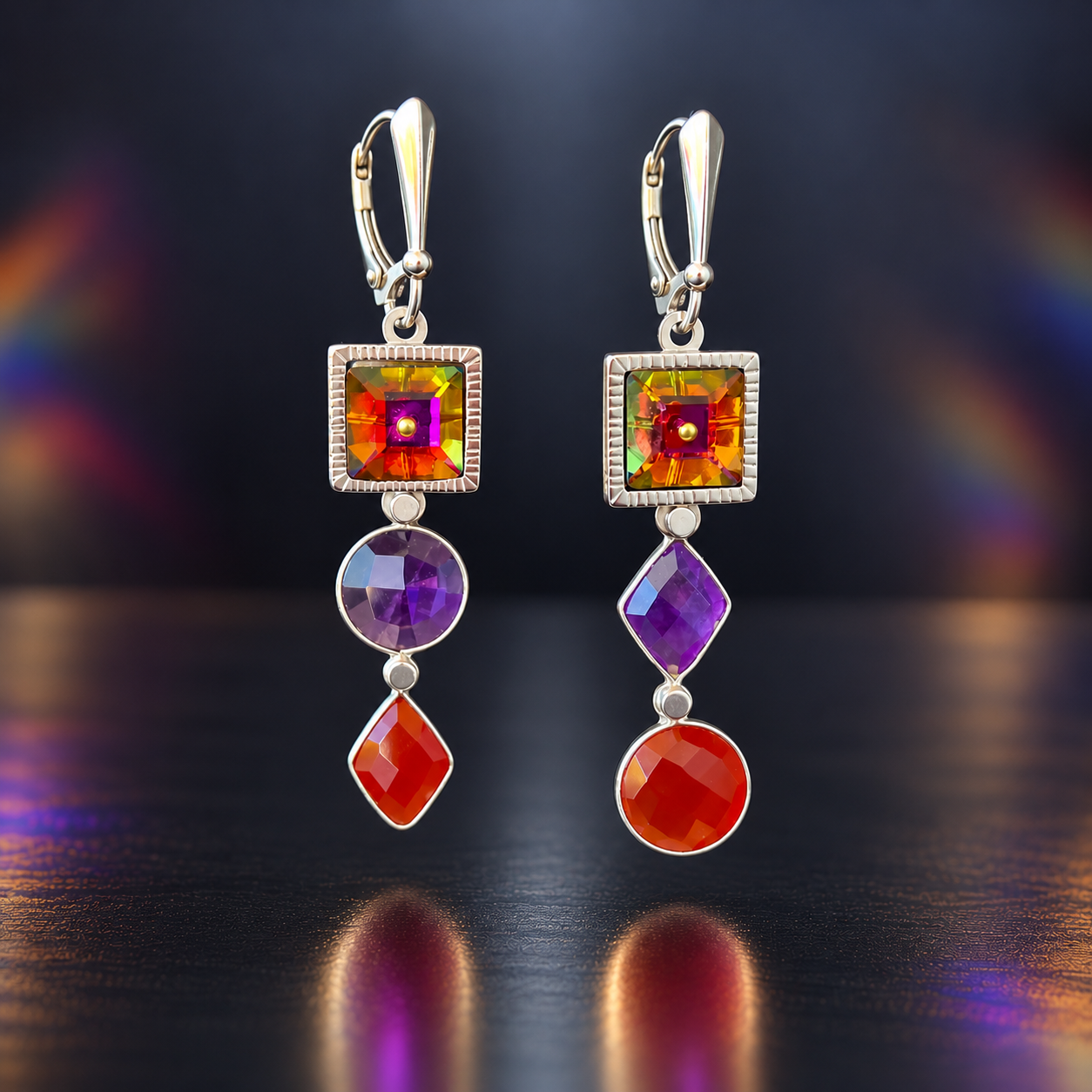 Asymmetrical handmade earrings featuring colorful vintage Swarovski crystals, faceted red onyx and purple amethyst drops in sterling silver settings, designed by Diana Hirschhorn.