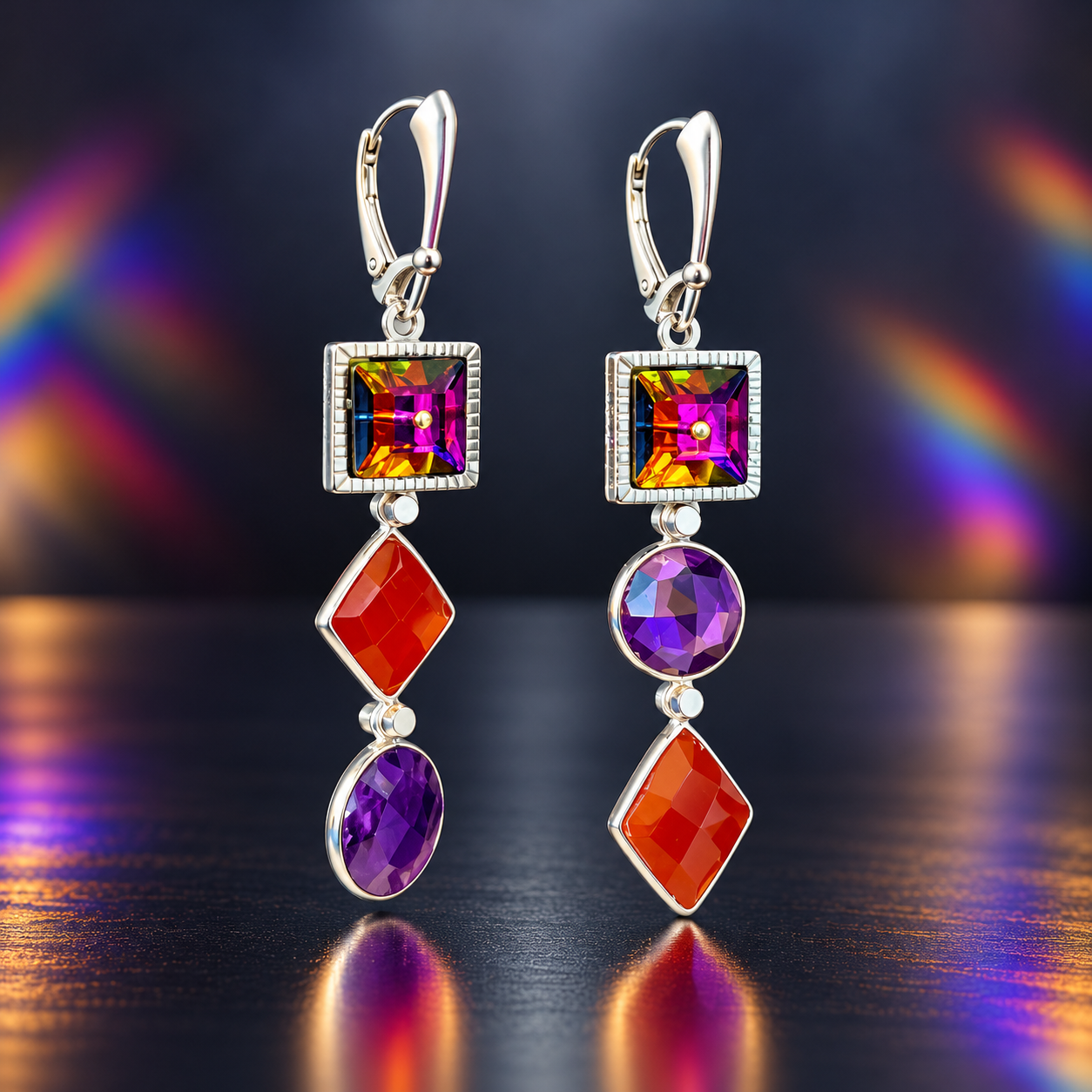 Asymmetrical handmade earrings with multicolored vintage Swarovski square crystals, red onyx diamond-shaped drops, and purple amethyst drops in silver-tone settings by Diana Hirschhorn of DianaHDesigns.