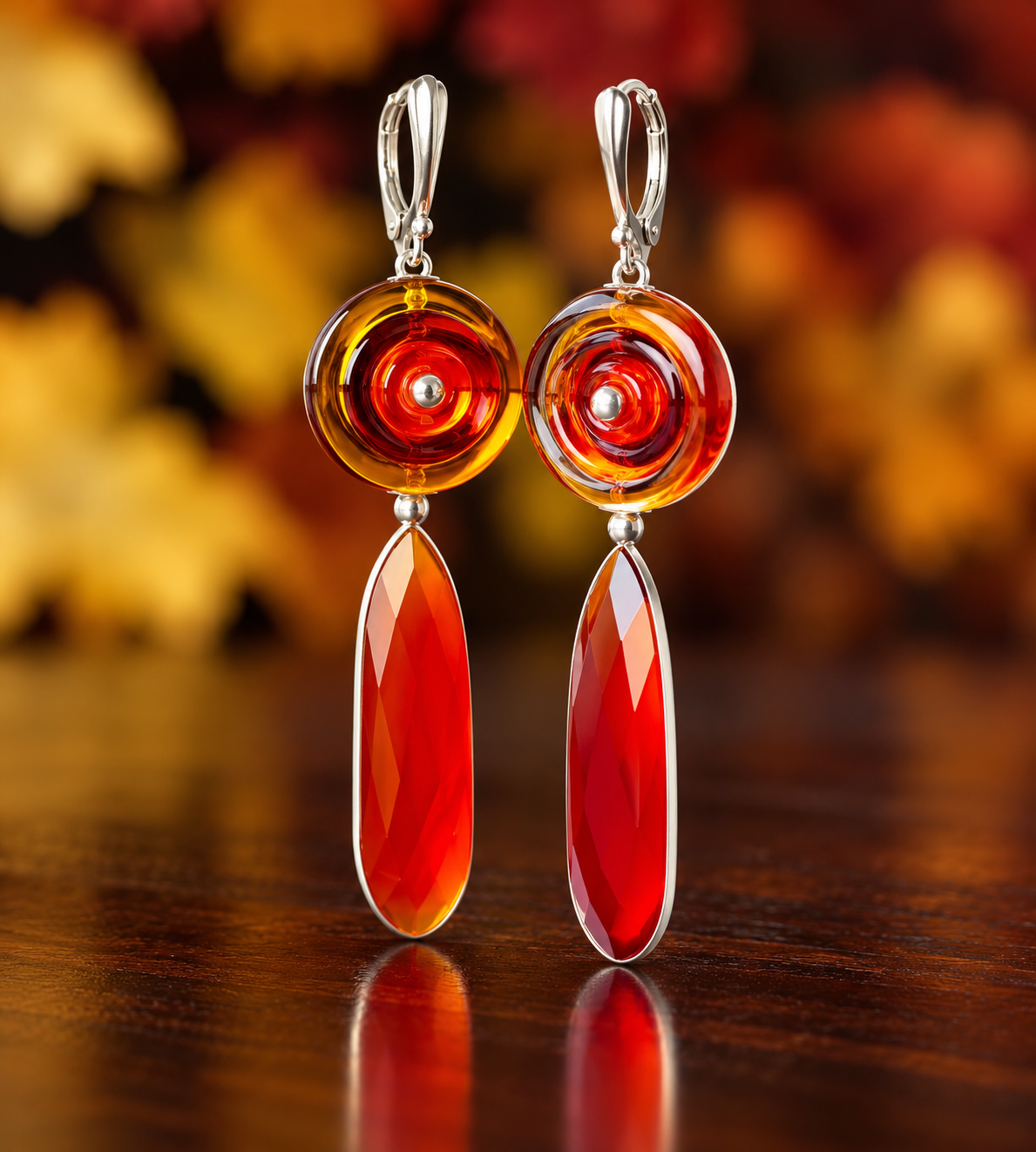 Amber Flame Lampwork Glass & Red Onyx Earrings
