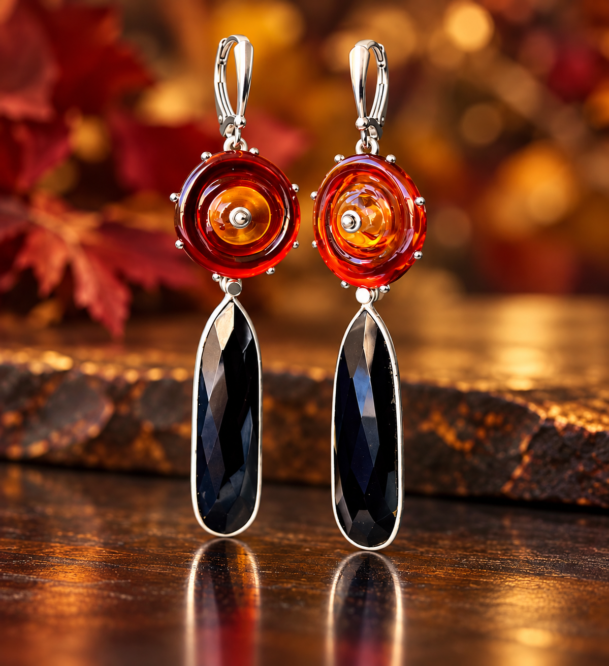 Crimson Orbit Lampwork Glass & Black Onyx Earrings