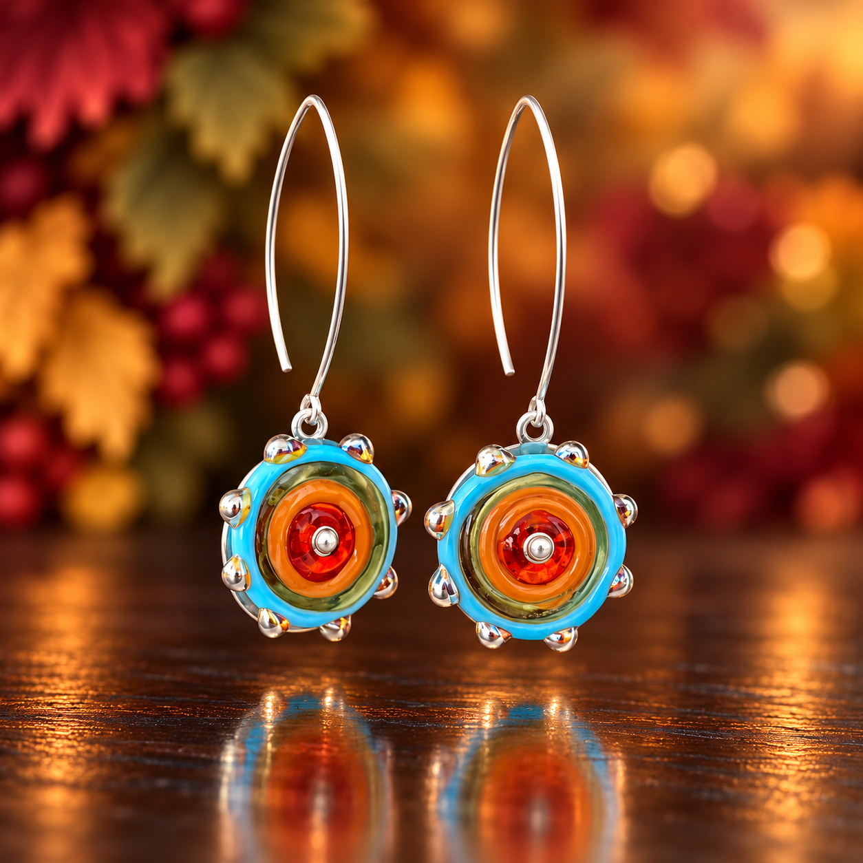 Turquoise Ember Concentric Lampwork Glass Earrings