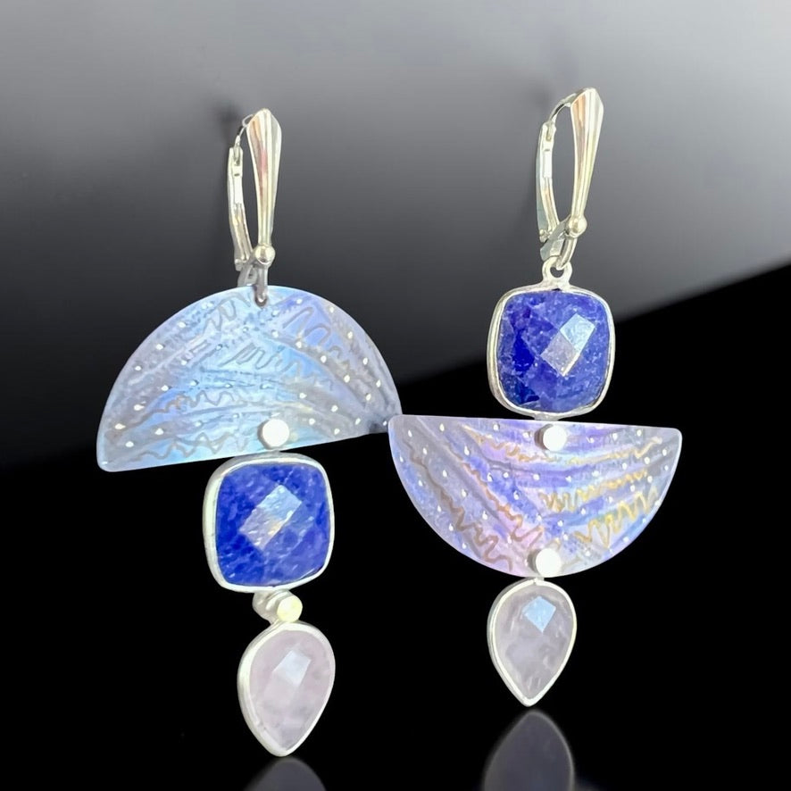 Moonlit Horizon – Asymmetrical Titanium Lapis & Rose Quartz Earrings