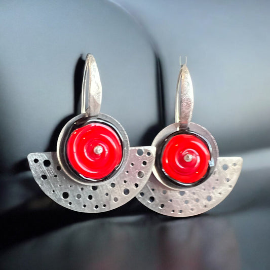 Stainless Steel Polka Dot Half Moon Kinetic Dangles, Red/Black Accents #2