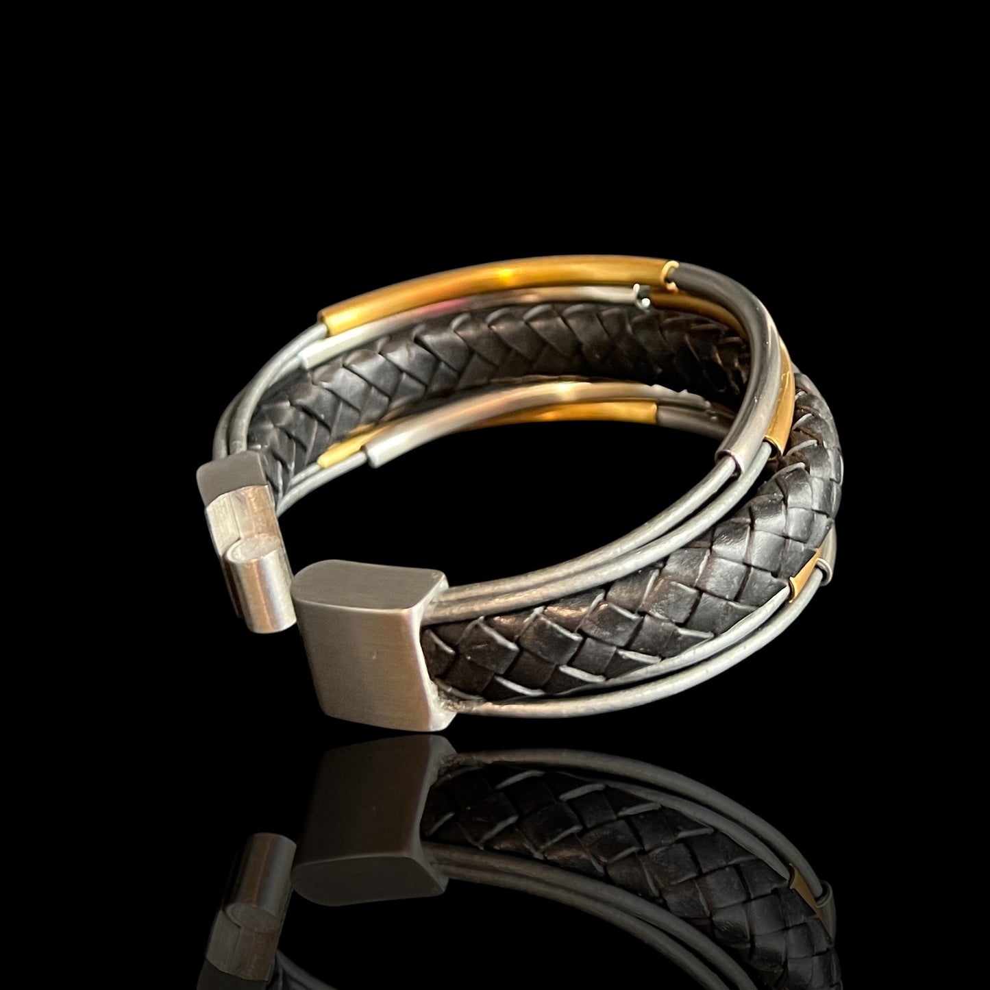 Unisex multi-strand braided leather stainless steel/24K gold bracelet