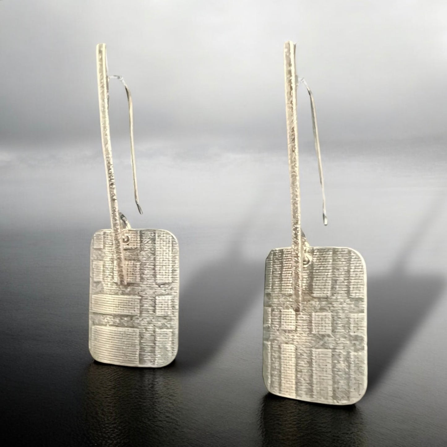 Sterling Silver Rectangular Shape Street Map Texture Dangles
