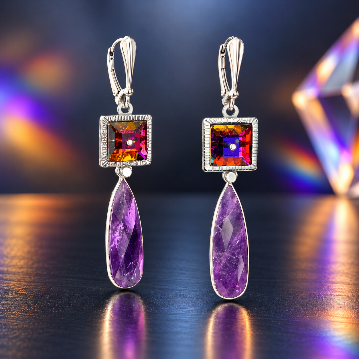 Violet Prism Swarovski crystal and faceted amethyst dangle earrings with hand-textured square stainless steel bezels, sterling silver lever-back ear wires, and colorful crystals reflecting flashes of violet, raspberry, amber, gold, and blue.