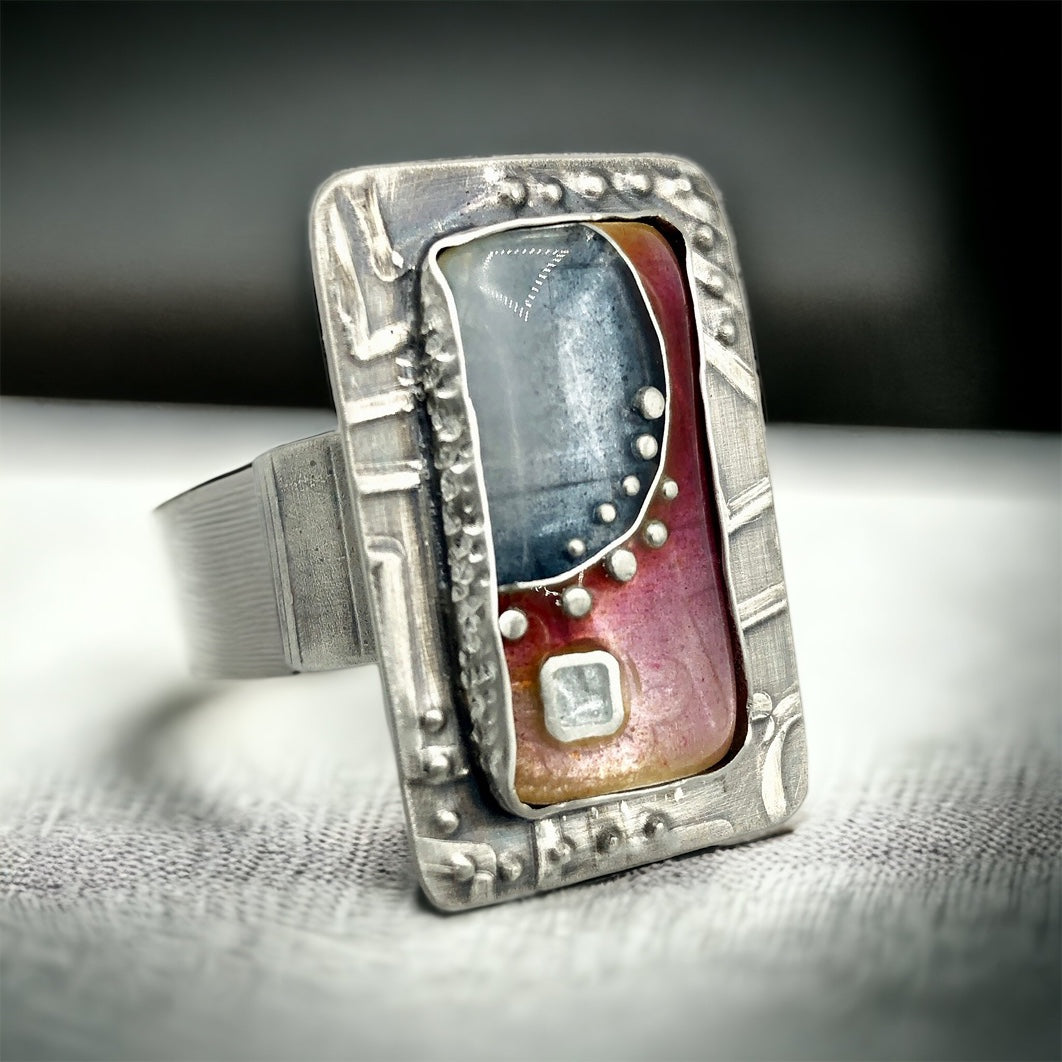 Art jewelry bold statement ring in fine silver cloisonné enamel