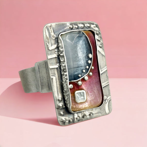 Art jewelry bold statement ring in fine silver cloisonné enamel