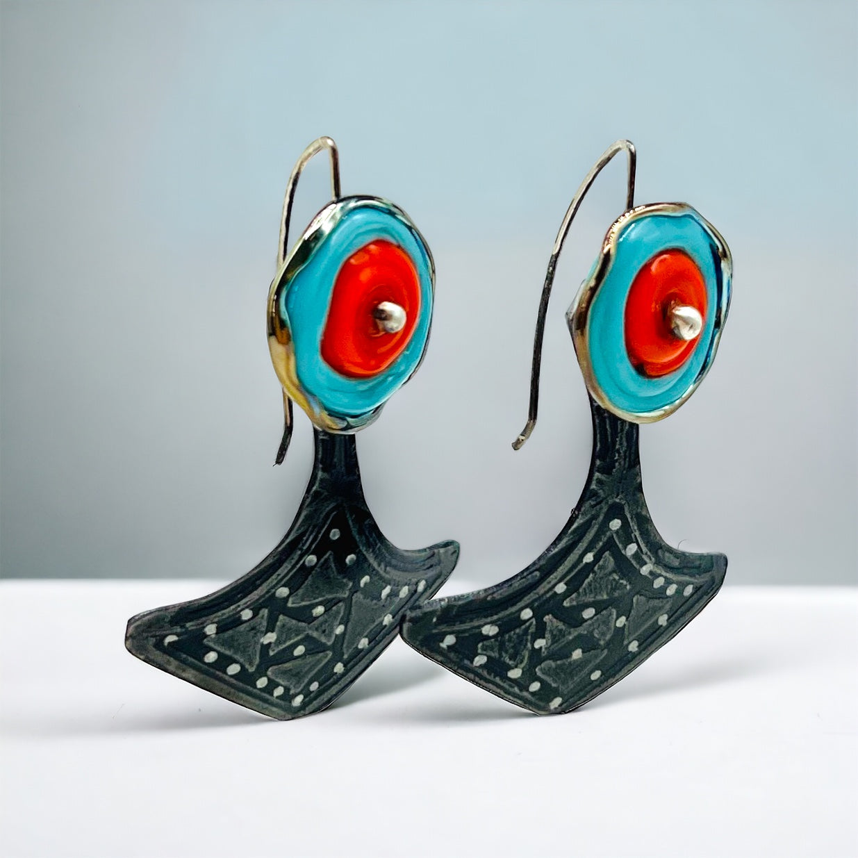 Art deco flair fan shape steel dangles black, turquoise, orange