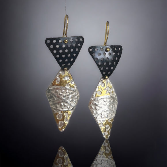 Triangle and diamond shape dangles in steel, sterling and 24K gold
