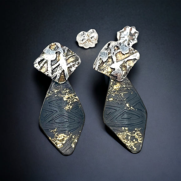 Bold black steel, gold and sterling geometric post back dangle earrings