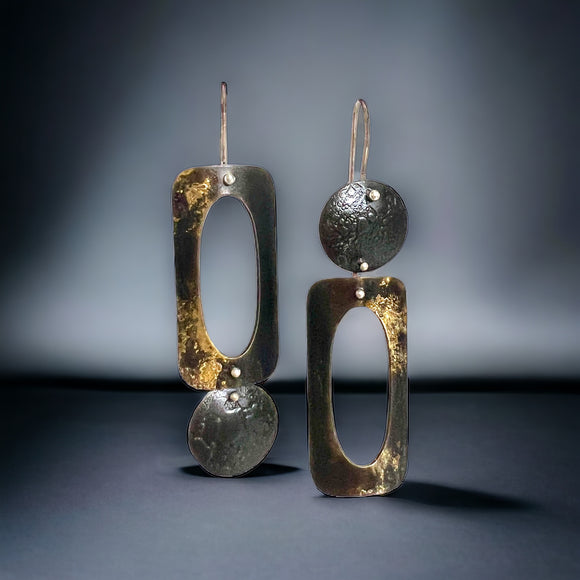 Modern steel and 22K gold asymmetrical geometric dangle earrings #3