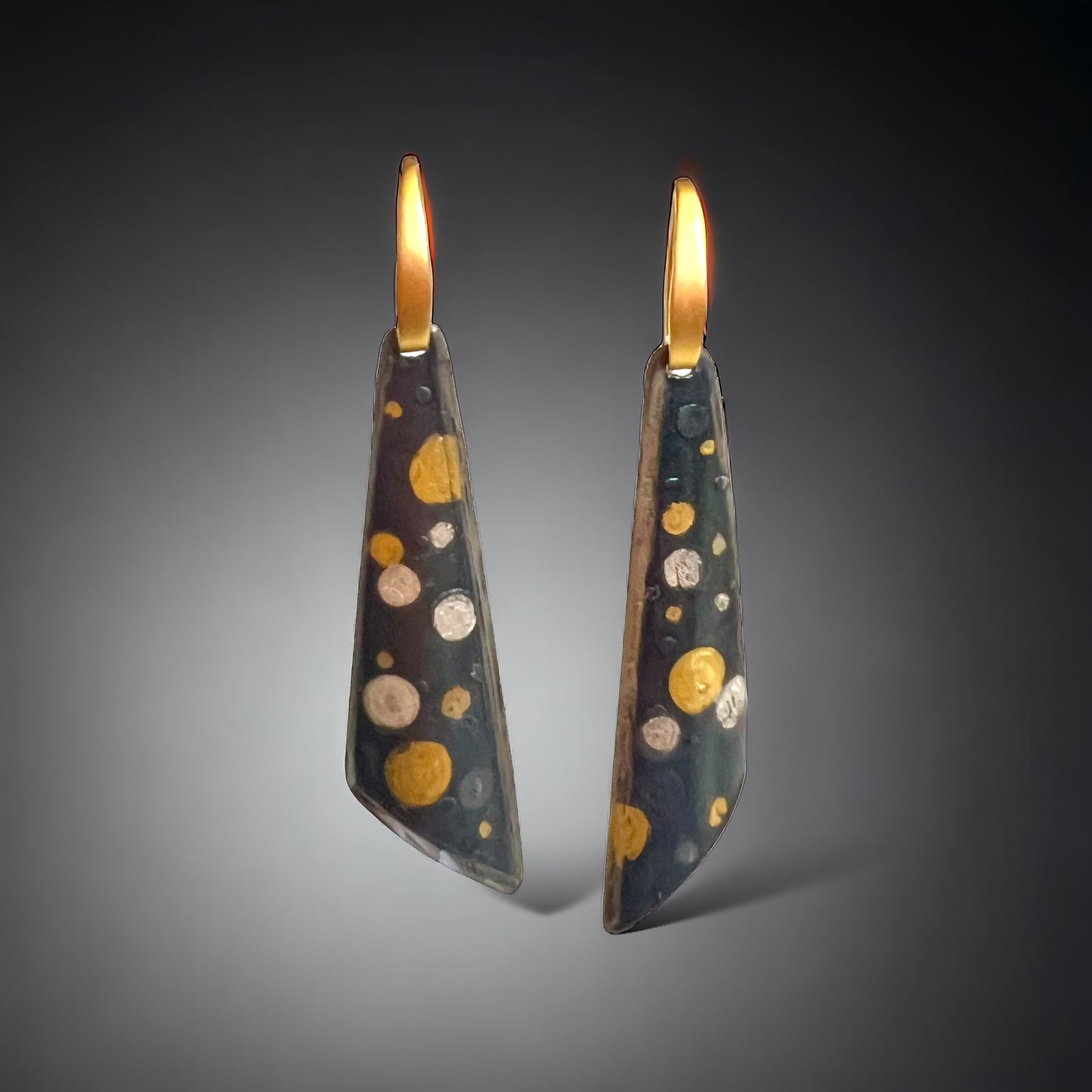 "Polka Dots" Bold black steel, fine silver and 24K gold long dangle earrings 1