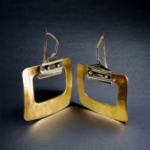 Contemporary square brass and sterling silver dangle earrings