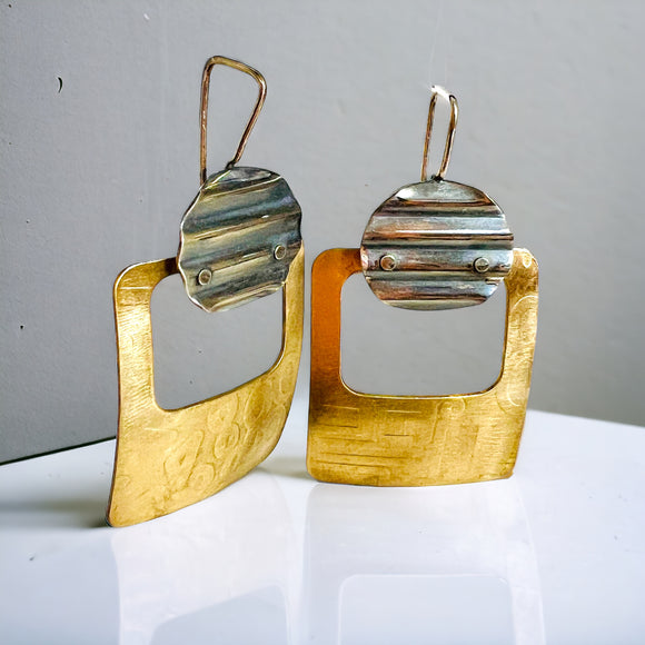 Open rectangle brass and sterling silver dangle earrings