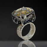 Art jewelry sculptural statement ring in sterling silver, 24k gold 7 1/2