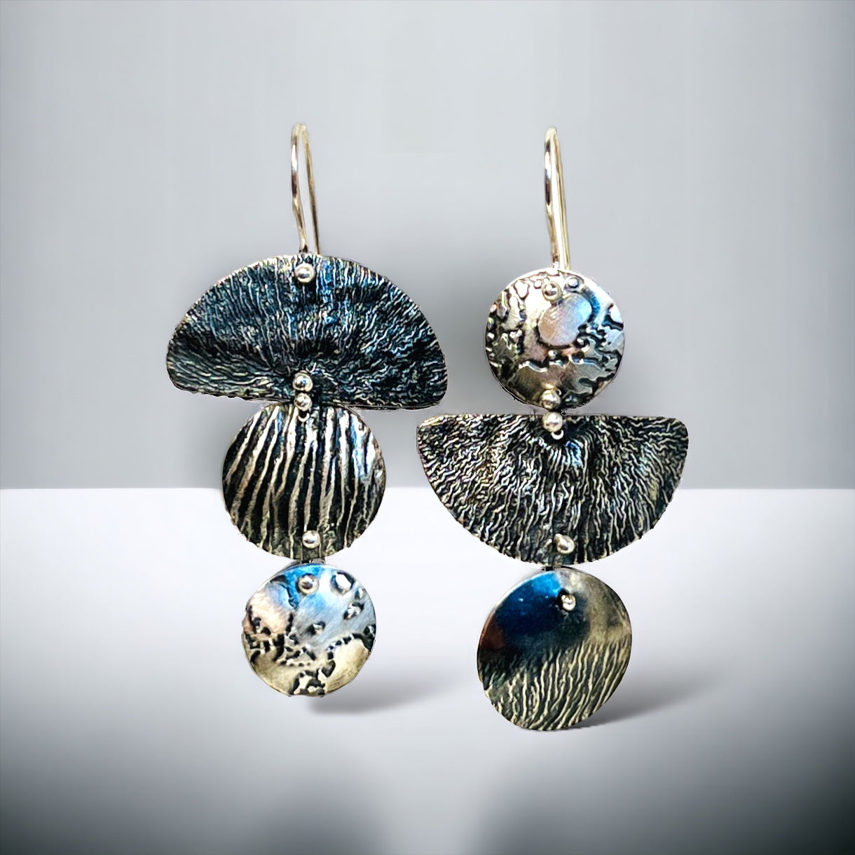 Sculptural Sterling Silver Statement Earrings – Asymmetrical Half Moon and Circle Dangles