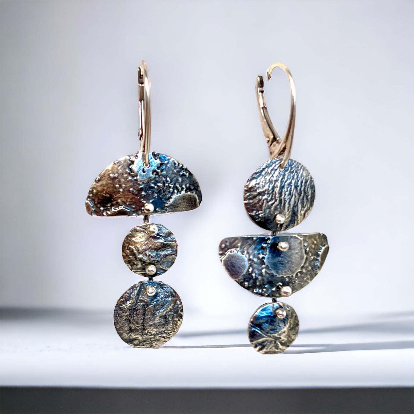 3 part 1/2 moon and circle asymmetrical dangles reticulated sterling silver 2