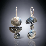 3 part 1/2 moon and circle asymmetrical dangles reticulated sterling silver 3