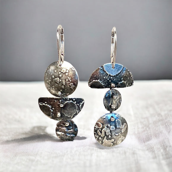 3 part 1/2 moon and circle asymmetrical dangles reticulated sterling silver 3