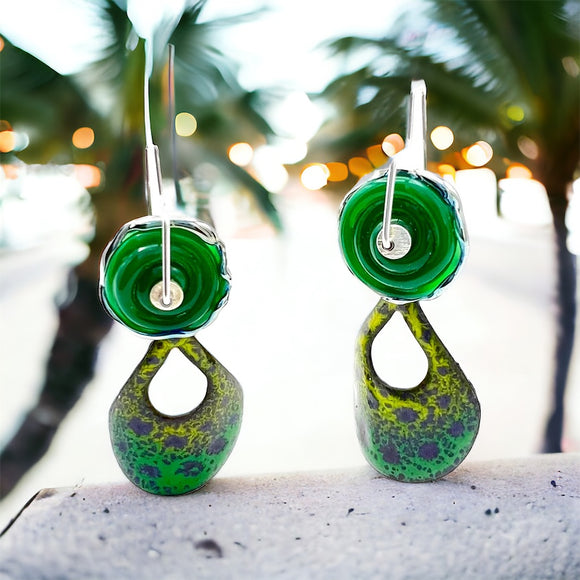 Tropical Open Teardrop Design Enamel earrings Greens, Purple