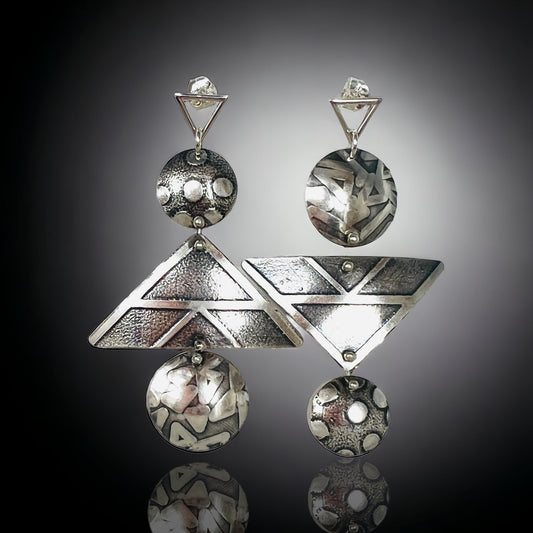 "Asymmetrical and Triangular"... Sterling Etched post Dangle Earrings