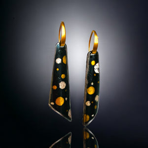 "Polka Dots" Bold black steel, fine silver and 24K gold long dangle earrings 2