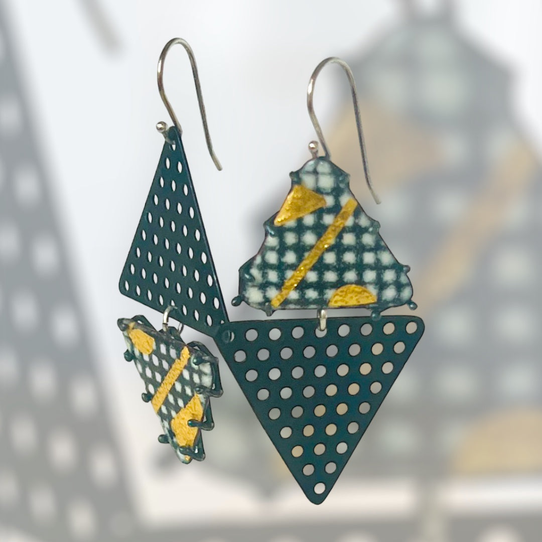 Steel, enamel and 24K gold triangle shape asymmetrical dangles