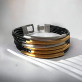 Unisex Multi-strand leather and stainless bracelet with 24K gold accents