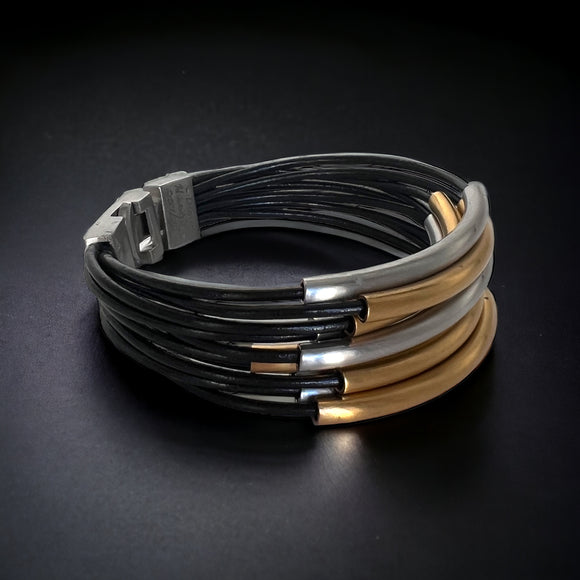 Unisex Multi-strand leather and stainless bracelet with 24K gold accents