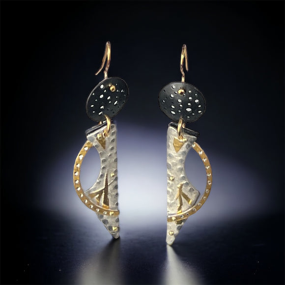 Bold black steel, fine silver and 24K gold cosmic dangle earrings