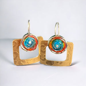 Contemporary "Nu Gold" brass and lamp work glass earrings