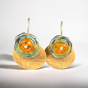 Contemporary "Nu Gold" brass and lamp work glass earrings