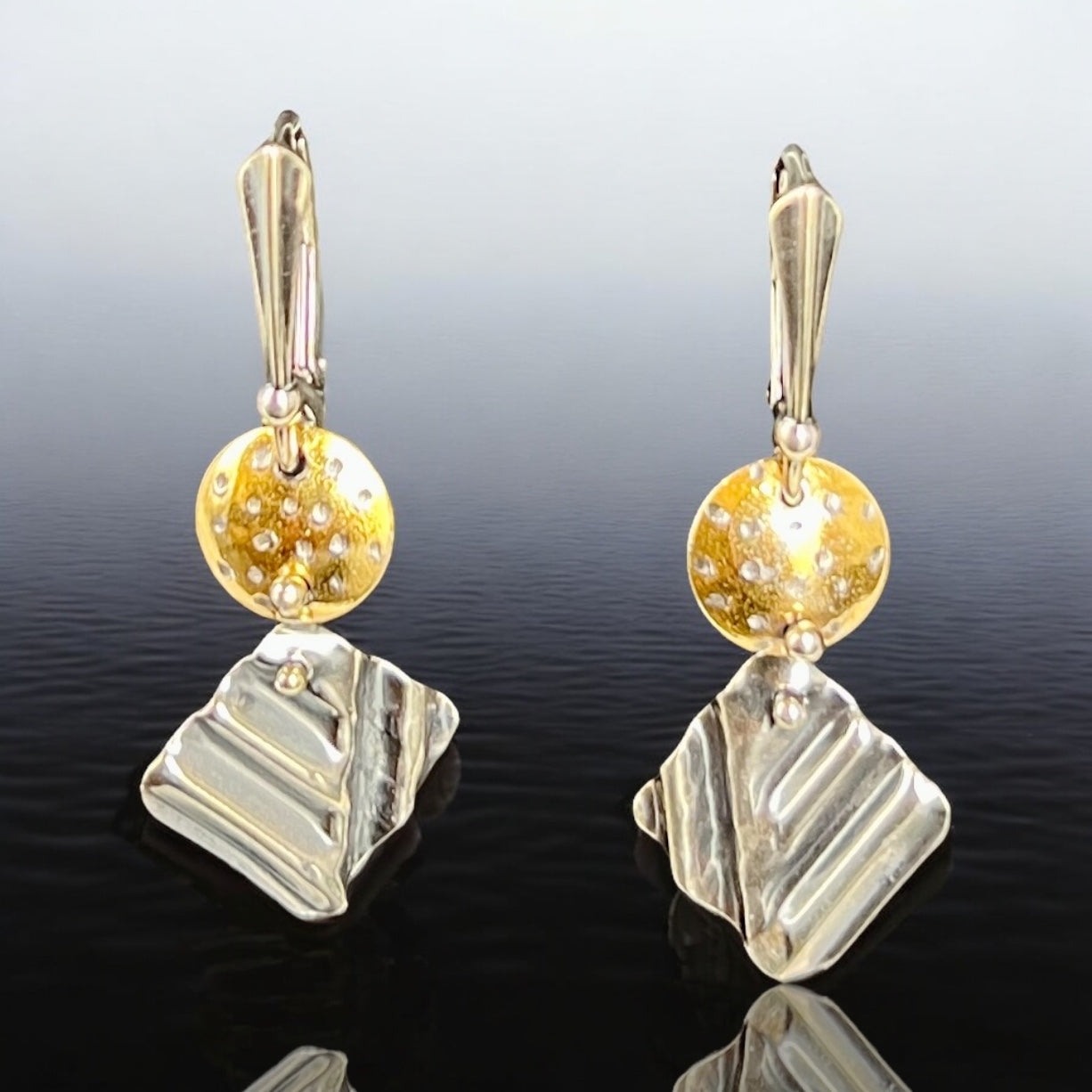 Textured 24K Gold Circle & Rippled Silver Diamond Earrings
