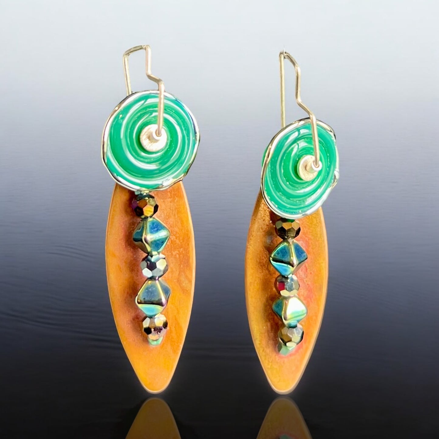 Green Glass & Copper OOAK Dangle Earrings – Contemporary Art Jewelry
