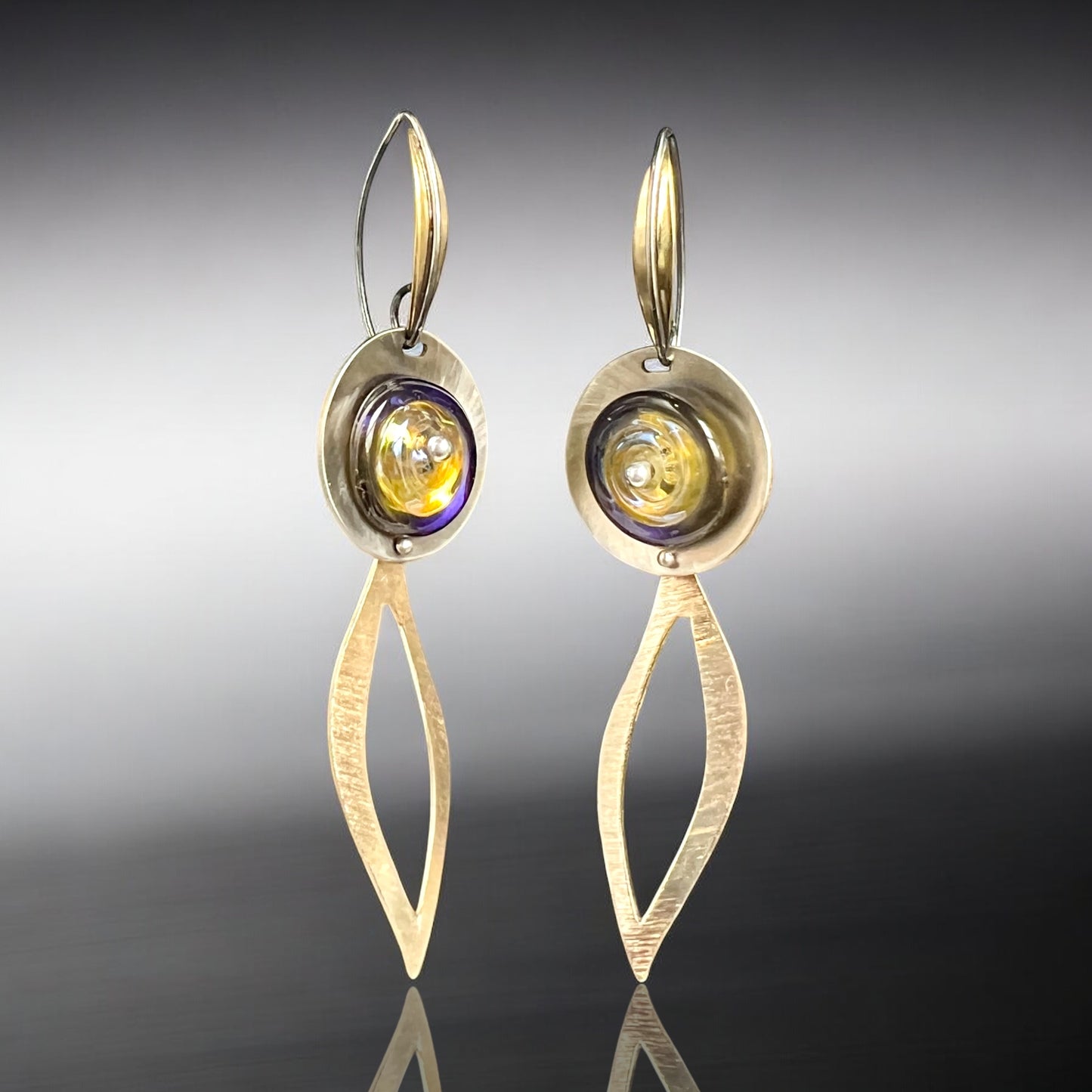 Architectural Lampwork Earrings with Golden Leaf Shapes & Violet-Yellow Glass