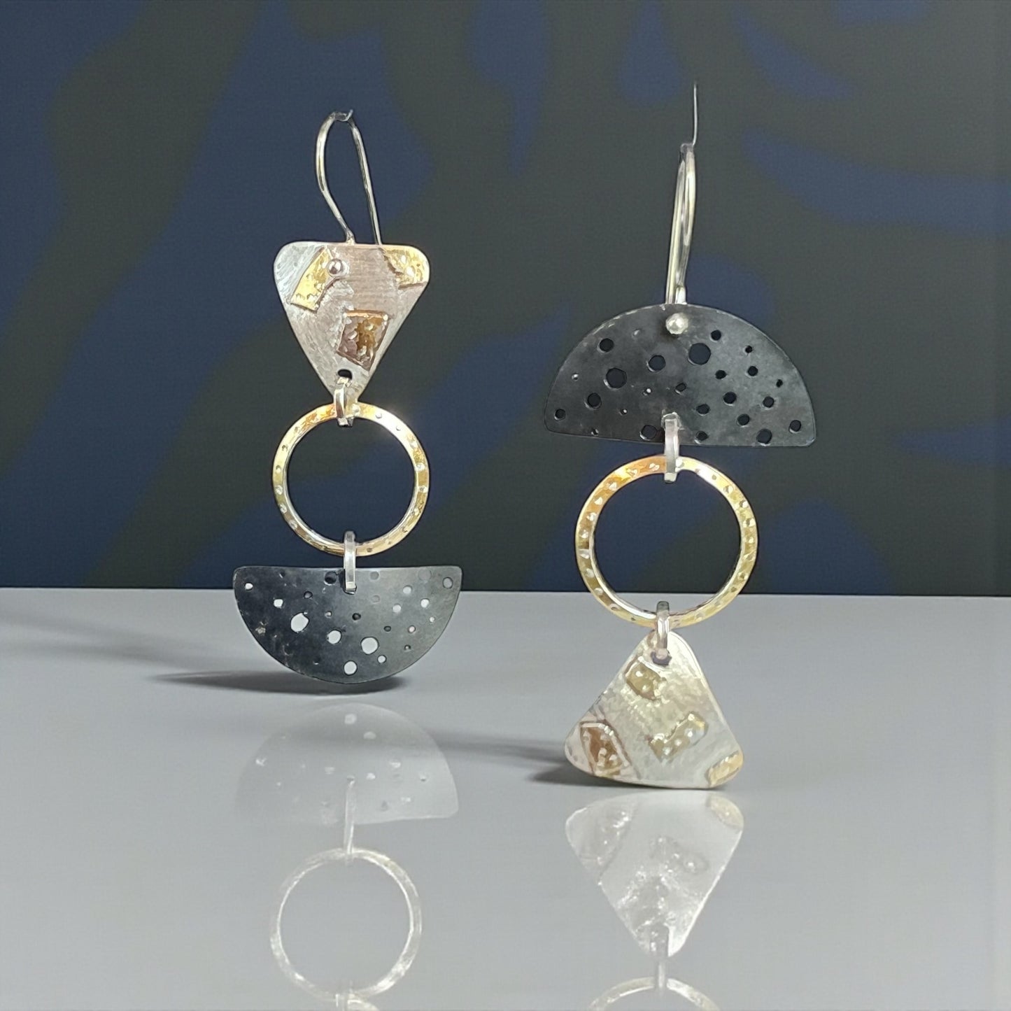 Sculptural Mixed-Metal Dangles in Fine Silver, 24K Gold & Black Steel