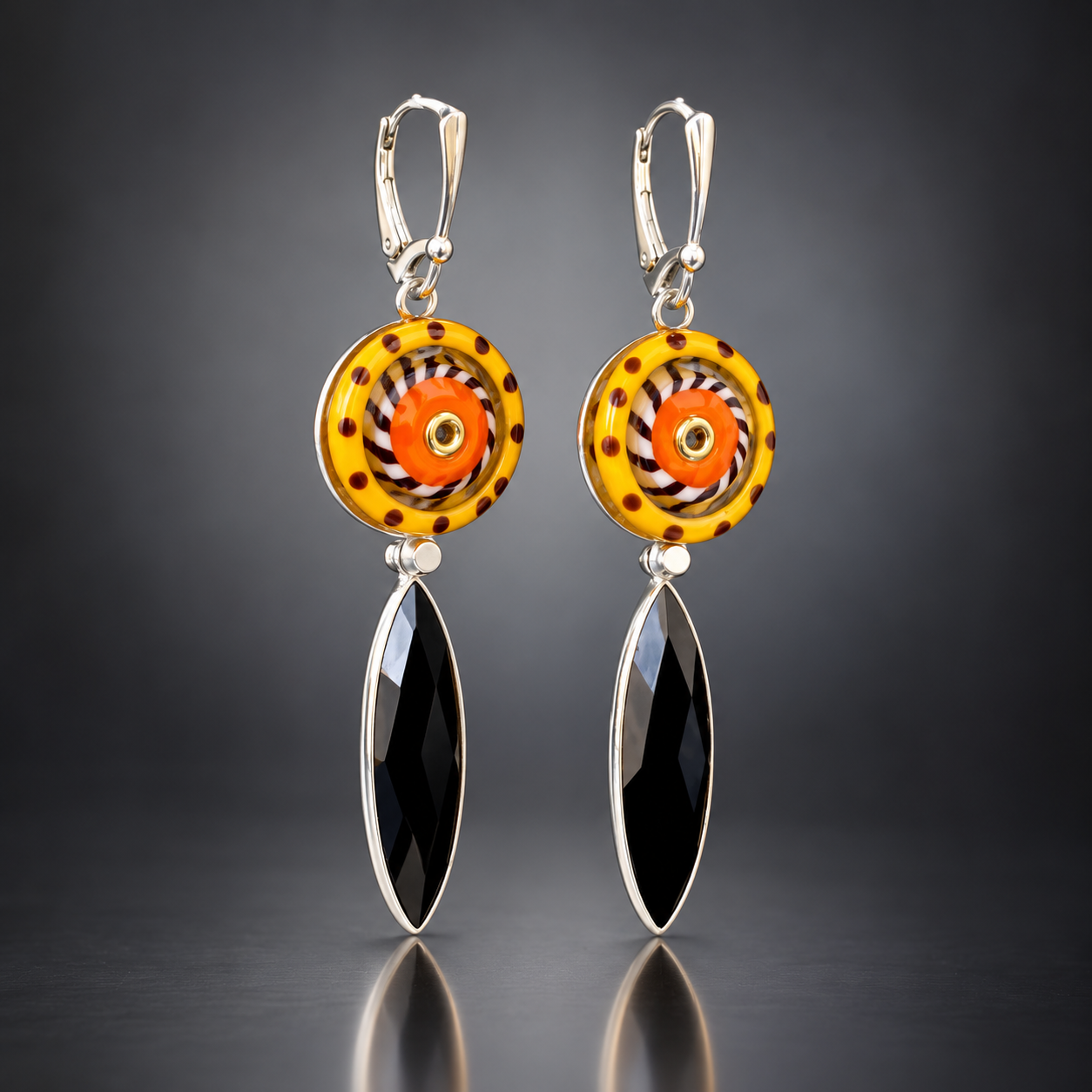 Yellow & Orange Lampwork Glass and Black Onyx Statement Earrings