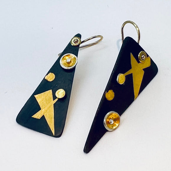 Asymmetrical black and gold steel dangle earrings art jewelry