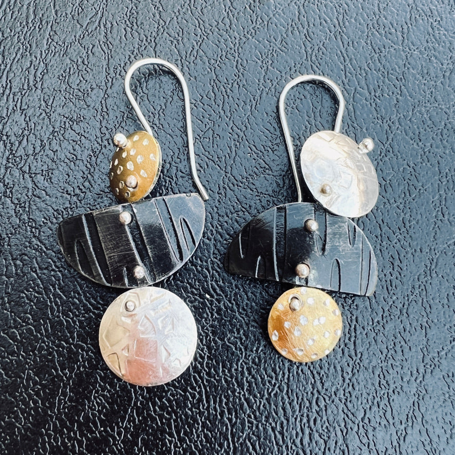"Asymmetrical Mini"....steel, 24K gold, sterling silver dangles