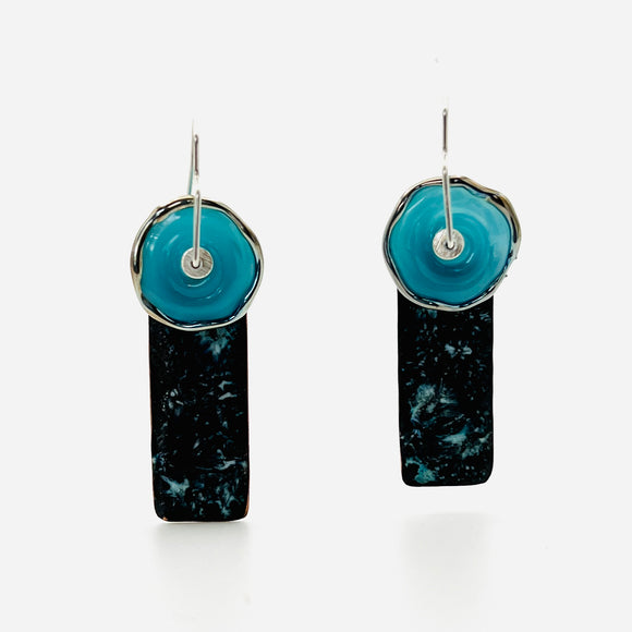 Black marbled design slender earrings with blue accent, handmade art jewelry.
