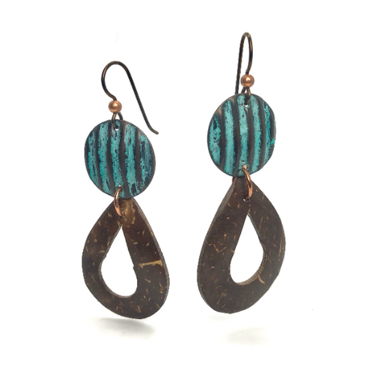 Copper and coconut shell play well together in these lightweight earrings with their rich texture and patina!