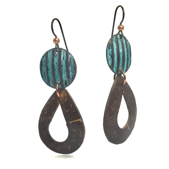Copper and coconut shell play well together in these lightweight earrings with their rich texture and patina!