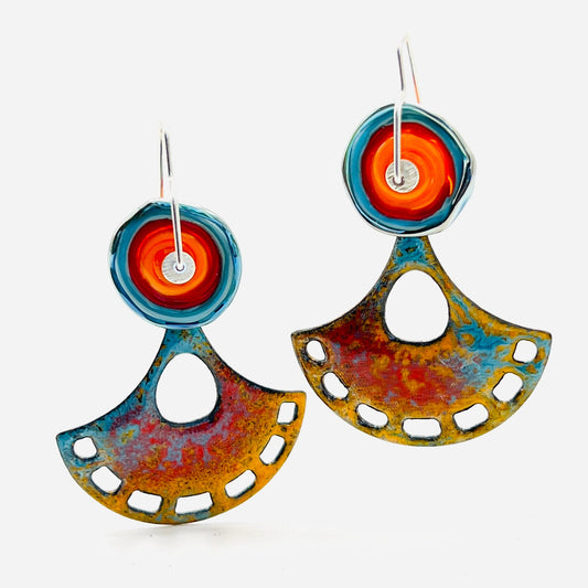 Tropical orange, red and turquoise blue colors perfect for a summer wedding or bridal party gifts, quinceañera. Vitreous enamel dangle earrings, sterling silver ear wires