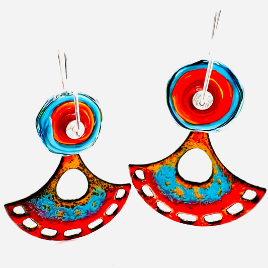 Tropical orange, red and turquoise blue colors perfect for a summer wedding or bridal party gifts, quinceañera. Vitreous enamel dangle earrings, sterling silver ear wires