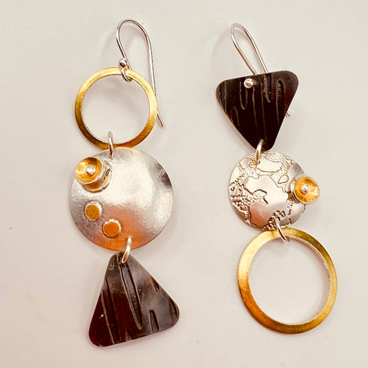 "Asymmetrical Geometry"....steel, 24K gold, sterling silver dangles
