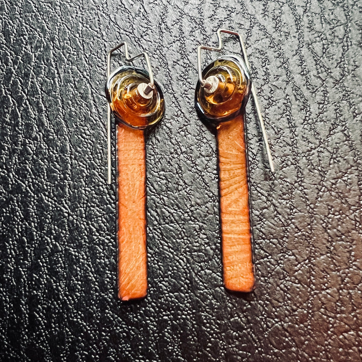 Etching meet Enameling 2...amber and gold slender dangles