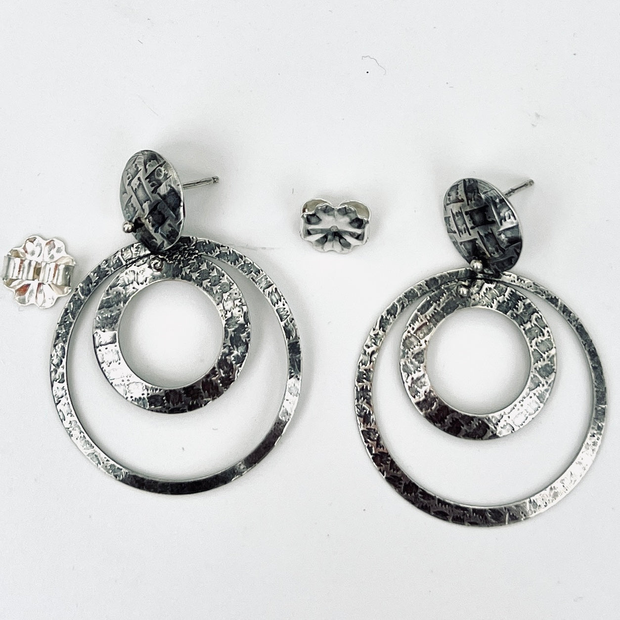 "Tartan Plaid Circle Dangles"....Triple Sterling Silver Post Back Hoops