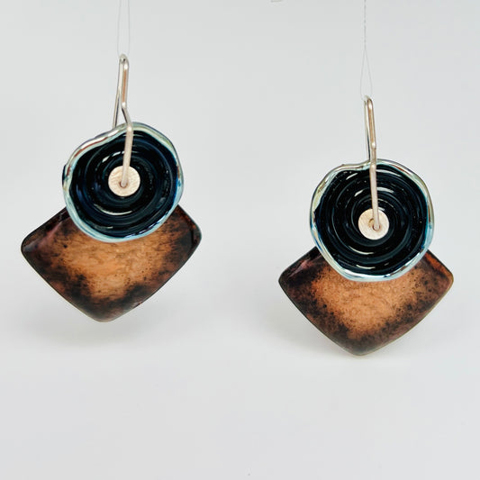 Enamel meet Lamp Work Glass...black and amber geometric dangles